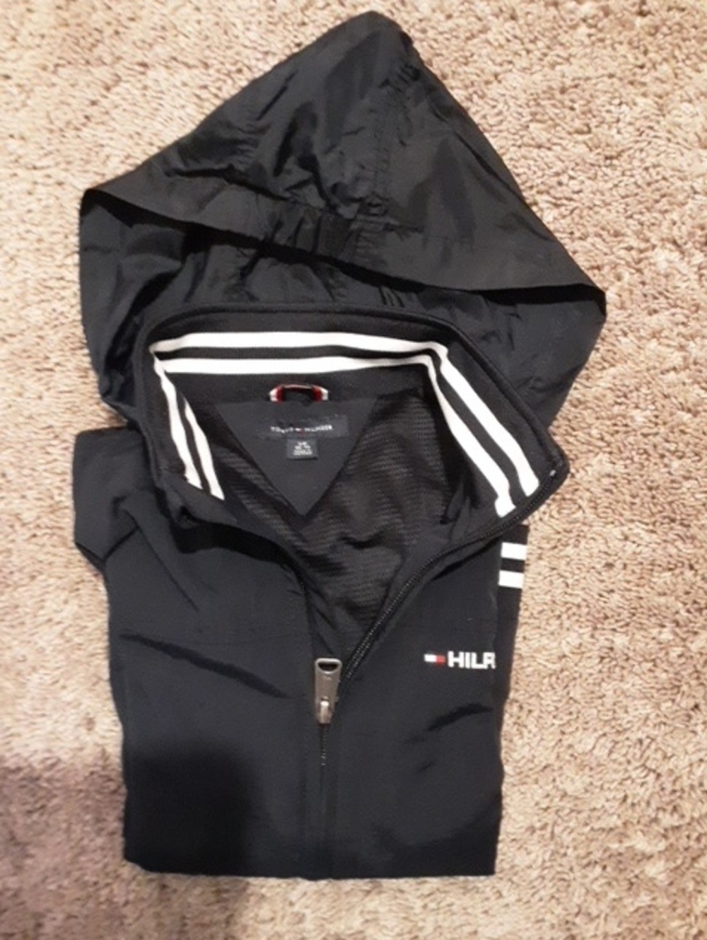 Tommy Hilfiger Navy Hooded Windbreaker with Striped Trim